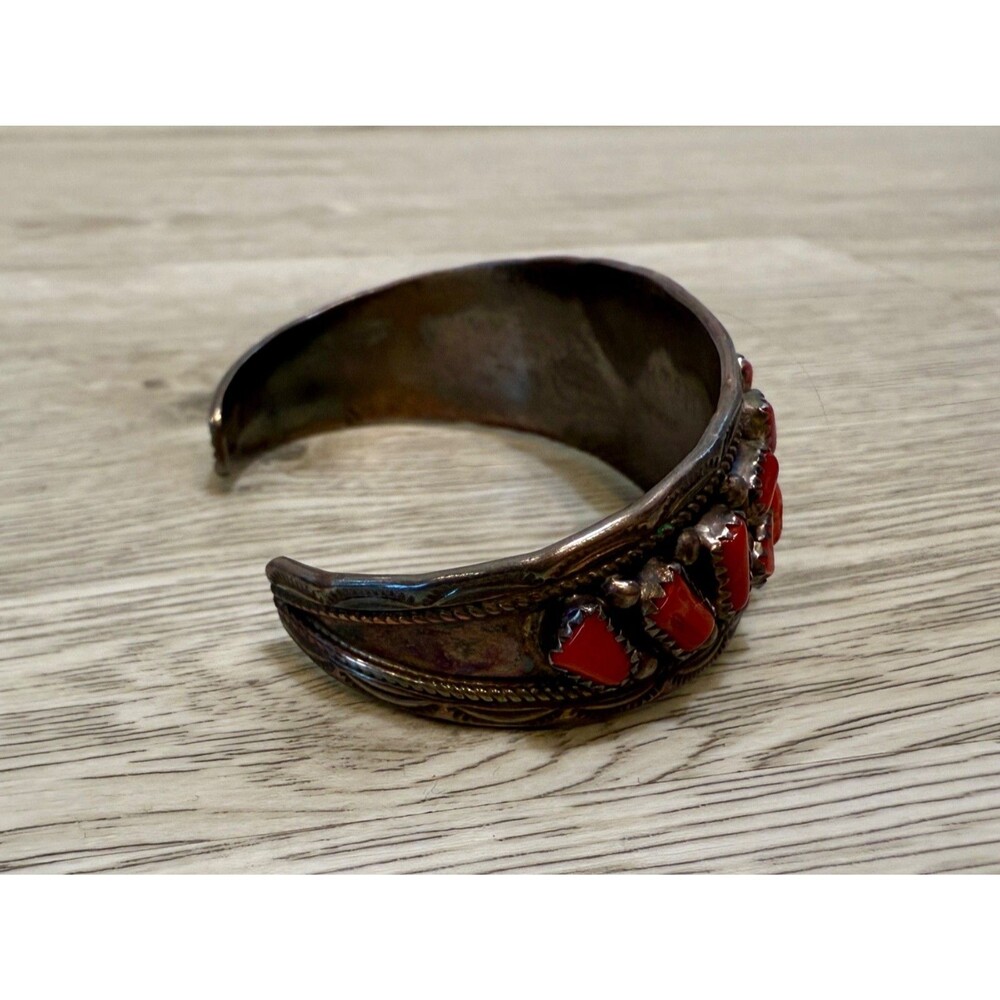 Navajo Yellowhorse Turquoise Coral Sterling Silver Cuff Bracelet Native American - Picture 13 of 16